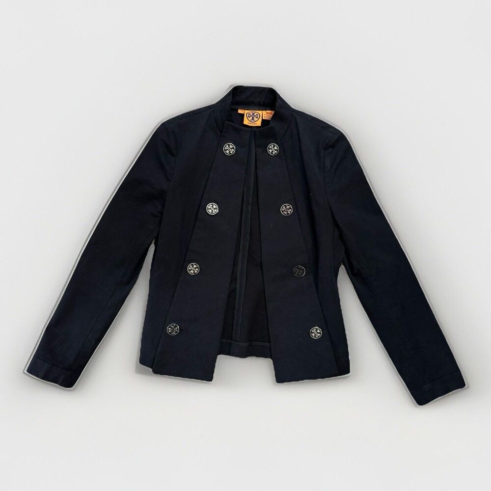Tory Burch Blazer Womens Size 2 Black Double Breasted Jacket Logo Buttons